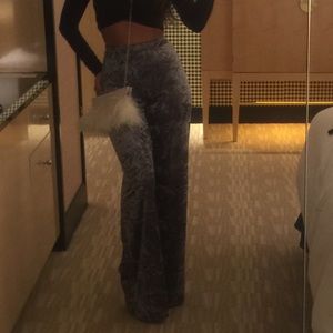 Grey velvet like high wasted pants.